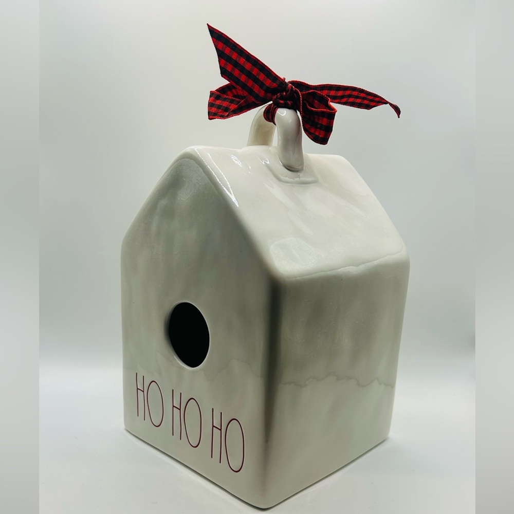 Rae Dunn White Holiday Birdhouse with Red Plaid Ribbon